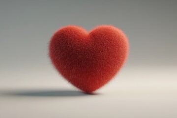 Fototapeta premium A red felt heart icon in 3D with a fluffy texture, positioned against a simple light gray background. The design is clear, natural, and eye-catching.