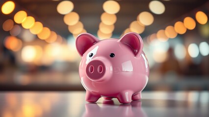 Obraz premium Pink Piggy Bank Bokeh Lights - AI Photo