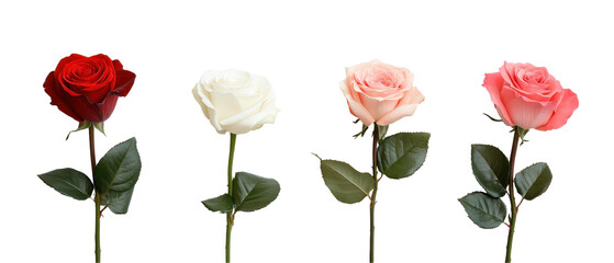 A beautiful arrangement of four assorted roses showcasing vibrant colors and delicate petals. transparent background