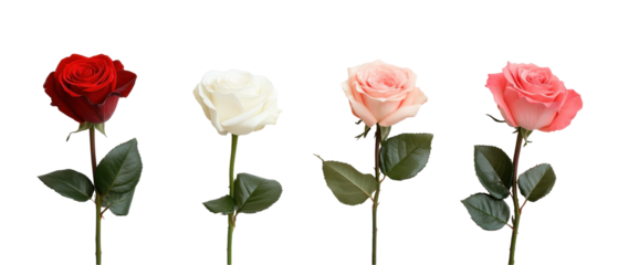 A beautiful arrangement of four assorted roses showcasing vibrant colors and delicate petals. transparent background