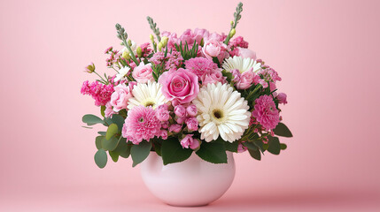 Fototapeta premium Romantic Flower Arrangement on Pastel Pink Background with Elegant Floral Design