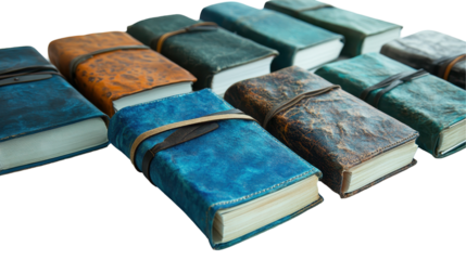 A collection of colorful, textured notebooks displayed in an organized fashion. transparent background