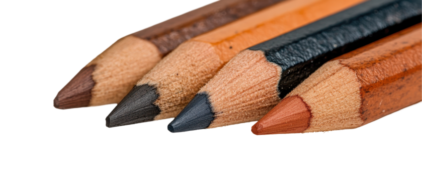 A close-up of colored pencils arranged in a row on a white background. transparent background