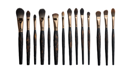 A collection of professional makeup brushes arranged neatly on a white background. transparent background