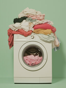 Laundry Day Overload: A towering pile of colorful clothes spills over the top of a gleaming white washing machine, a humorous yet relatable image of the never-ending chore of laundry. 