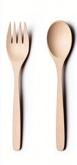 Wooden Utensil Set: A close-up shot of a wooden spoon and fork side by side, showcasing the natural beauty and simple elegance of sustainable dining. The smooth.