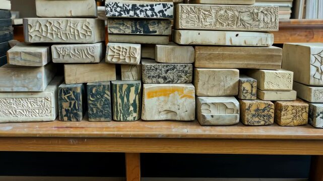 Collection of carved wooden blocks used for printing in an artist's studio setting