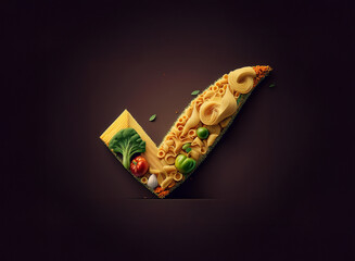 Fototapeta premium A checkmark crafted from various pasta shapes, cheese, and vegetables against a dark background. A creative food composition.