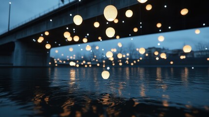Fototapeta premium Floating Lanterns Illuminating Calm Water Under Bridge at Dusk