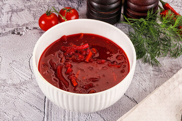 Homemade red soup Borsch with cabbage