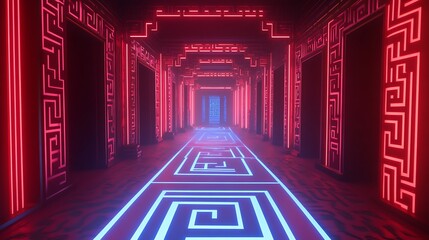 Fototapeta premium Neon Maze Corridor Red And Blue Lights