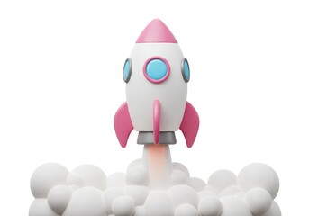 A 3D illustration of a white and pink rocket with blue windows soaring upward with puffs of white smoke trailing behind