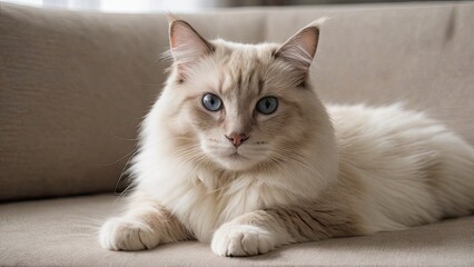 Cream point ragdoll cat lying on sofa at home