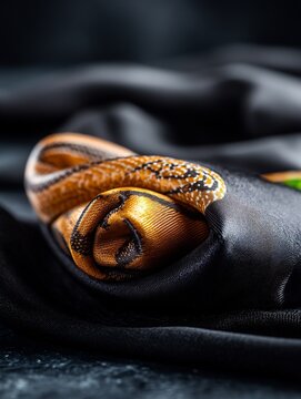 Golden Python Curls Elegantly Dark Fabric Background Dramatic Lighting. AI Generated