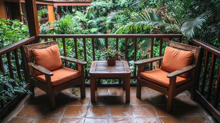 Obraz premium Wooden chairs and table on hotel balcony overlooking tropical garden