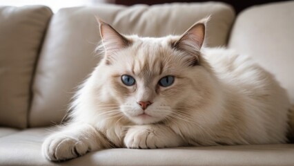 Cream point ragdoll cat lying on sofa in living room