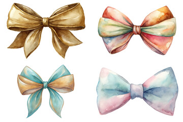 Colorful watercolor bows, elegant design, decorative ribbons, artistic style, gift wrapping, festive accents.