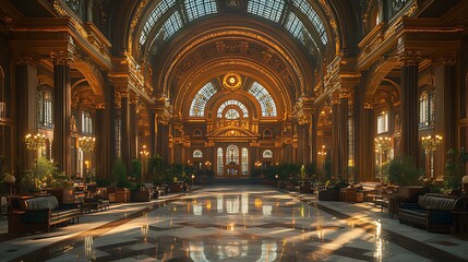 Obraz premium Golden Hall Sunlit Lobby Interior Architecture