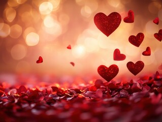 Obraz premium Romantic Valentine s Day Background Red Hearts Petals Bokeh