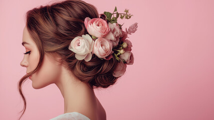 Romantic Flower Arrangement on Pastel Pink Background with Elegant Floral Design