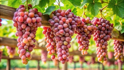 A cluster of ripe pink grape bunches hanging from a wooden trellis, ornamental, botanical, ornamental,botanical
