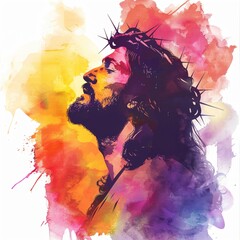 Fototapeta premium Abstract watercolor silhouette of Jesus with bold splashes symbolizing miracles