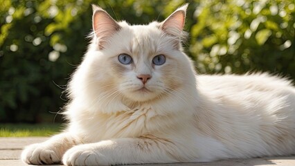 Cream point ragdoll cat lying outside in the garden