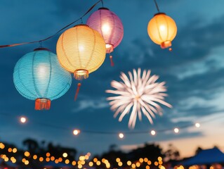 Obraz premium Colorful Lanterns with Fireworks Display in a Night Sky Celebration