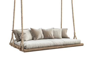 Cozy swing bed with plush cushions suspended from sturdy ropes for relaxing outdoor moments