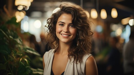 Fototapeta premium A businesswoman is standing at the office and welcoming people while her team working in blurry background. 