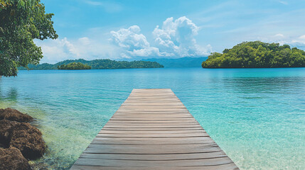Naklejka premium Serene Island Escape: Turquoise Waters and Wooden Dock
