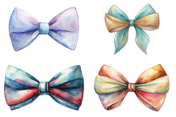 Colorful watercolor bows, elegant ribbon designs, artistic illustration, festive decorations, gift wrapping accents.