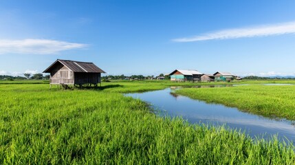 Obraz premium Rural Houses in Green Paddy Field