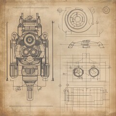 Steampunk Robot Blueprint: Detailed technical drawing of a retro-futuristic robot, reminiscent of steampunk aesthetics, displayed on aged parchment.