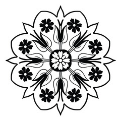 Fototapeta premium black and white floral mandala, symmetrical design, intricate linework, botanical illustration, circular pattern, geometric flowers, delicate branches, organic shapes, minimalist style, 