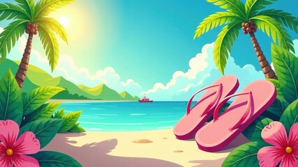 Naklejka premium Summer Flip Flops Flat Illustration, Tropical Vibes, Modern Design