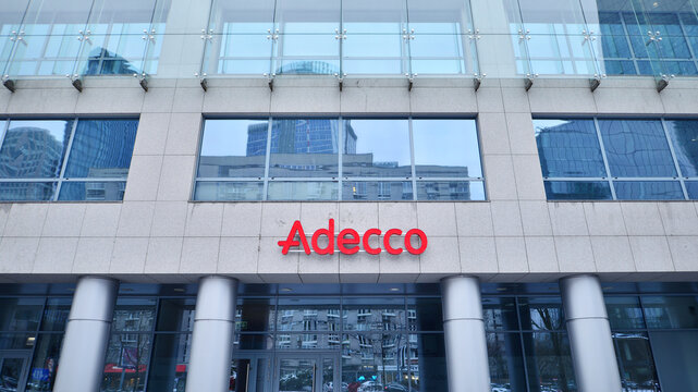 Warsaw, Poland. 12 January 2025. Urban landscape. Company signboard Adecco.