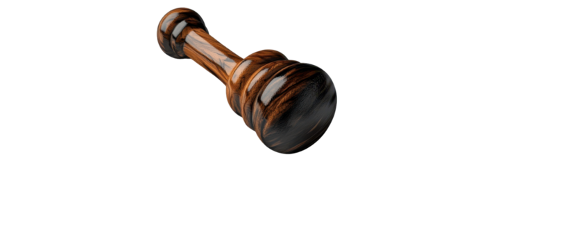 Wooden gavel on white background symbolizing justice and authority in legal proceedings. transparent background