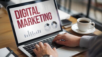 Businessman Typing on Keyboard with Digital Marketing Interface on Laptop in a Cafe, Representing Modern Business Lifestyle and Data Processing Concepts with Digital Marketing on Screen