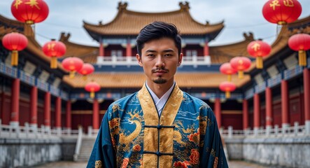 Fototapeta premium Guy in Chinese attire standing in front of a traditional palace