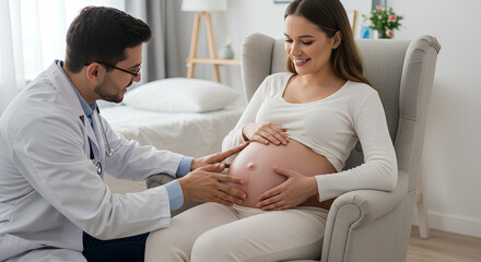 Fototapeta premium A doctor examines a smiling pregnant woman sitting on a chair in a cozy and bright room.
