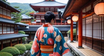 Fototapeta premium Guy in yukata admiring traditional Japanese architecture