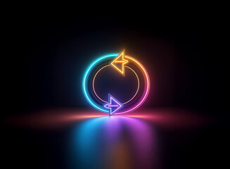 Vibrant neon circular arrows glow in the dark, reflecting on a glossy surface.  The symbol suggests renewal, rotation, and continuous looping.