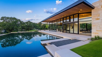 Fototapeta premium Modern Architectural Design with Pool and Scenic Landscape View