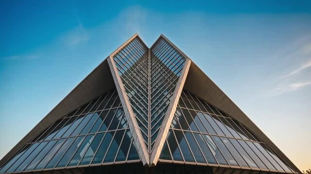 A futuristic building designed like a pointed pyramid dominated the city skyline footage.