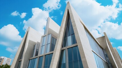 Obraz premium Modern Architectural Design with Glass Facade and Cloudy Sky