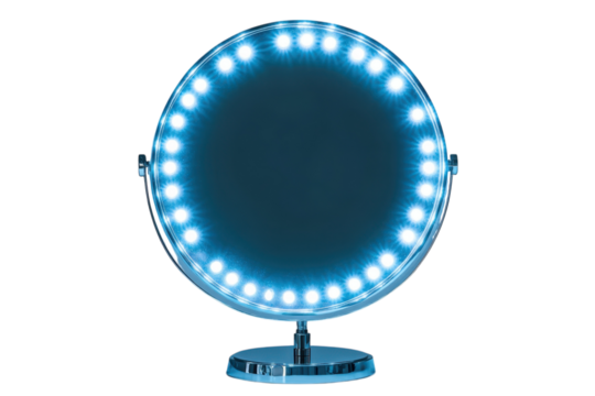 Stylish round mirror with LED lights perfect for makeup application in modern vanity setup