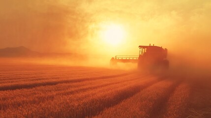 Obraz premium Golden sunrise illuminates hardworking harvester in misty field. AI Generated
