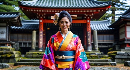 Fototapeta premium Woman dressed in vibrant kimono in front of an ancient shrine
