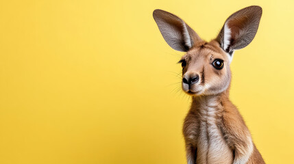 Fototapeta premium kangaroo with large ears and curious expression against sunny yellow backdrop